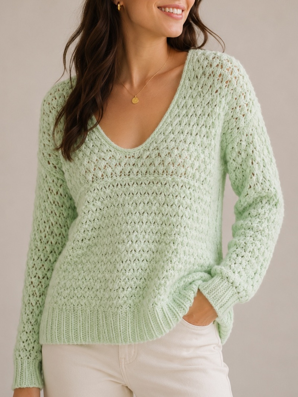 Free People acrylic wool blend Soft Mint Open-Knit V-Neck Sweater XS